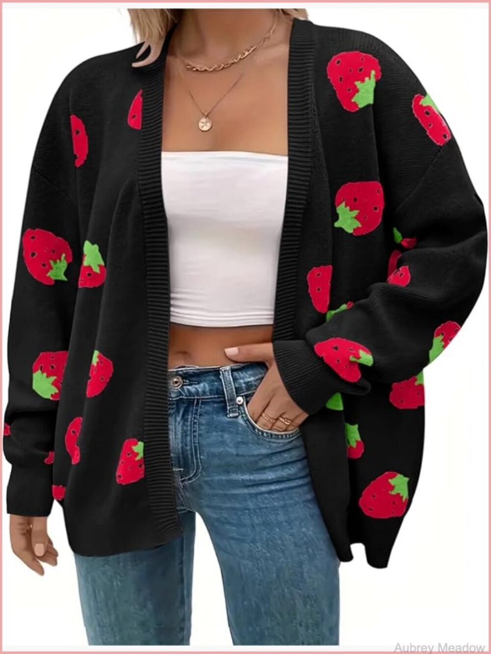 Plus Size Strawberry Floral Long Sleeve Open Front Knit Cardigan